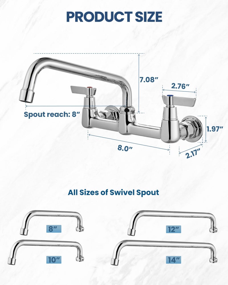Airuida Wall Mount Commercial Kitchen Faucet,8 Inch Swivel Spout,8 Inch Center Utility Sink Faucet with Dual Handles,Solid Brass 360Â° Swivel Spout,Commercial Sink Faucet for Kitchen Laundry,Chrome - Image 2