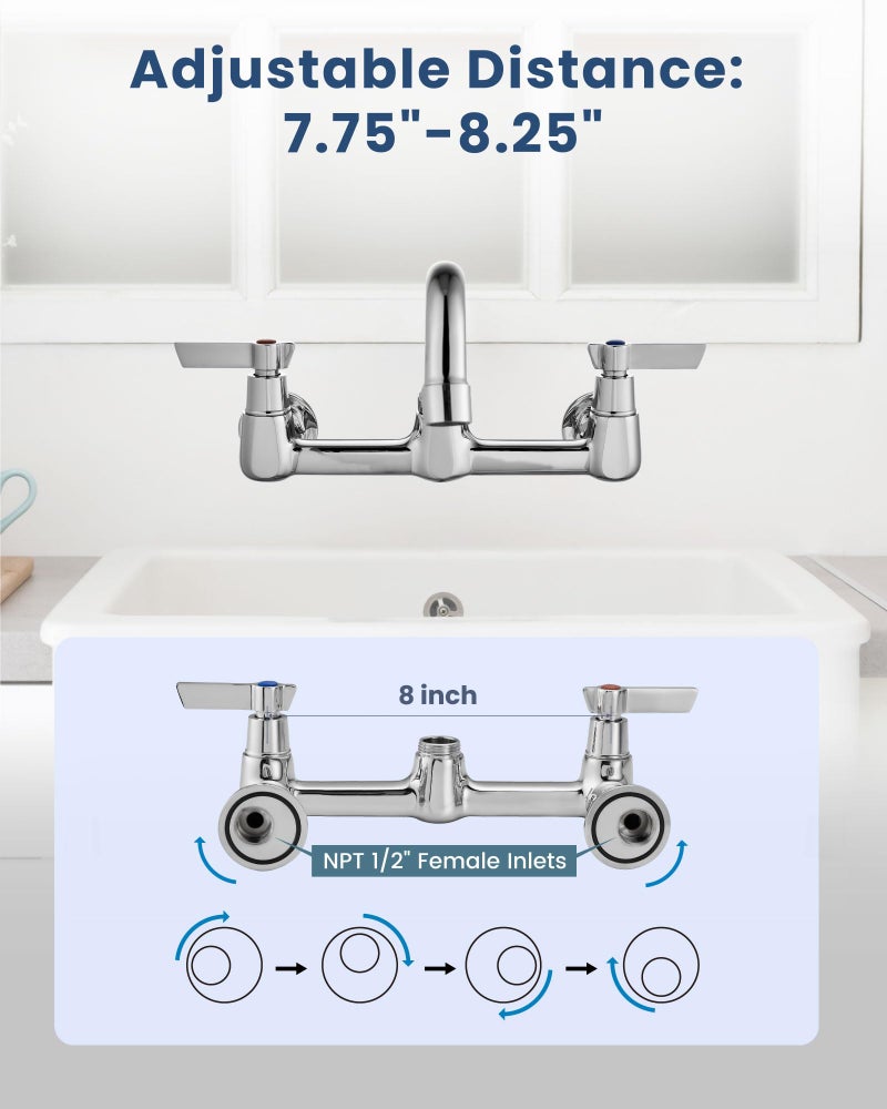 Airuida Wall Mount Commercial Kitchen Faucet,8 Inch Swivel Spout,8 Inch Center Utility Sink Faucet with Dual Handles,Solid Brass 360Â° Swivel Spout,Commercial Sink Faucet for Kitchen Laundry,Chrome - Image 4