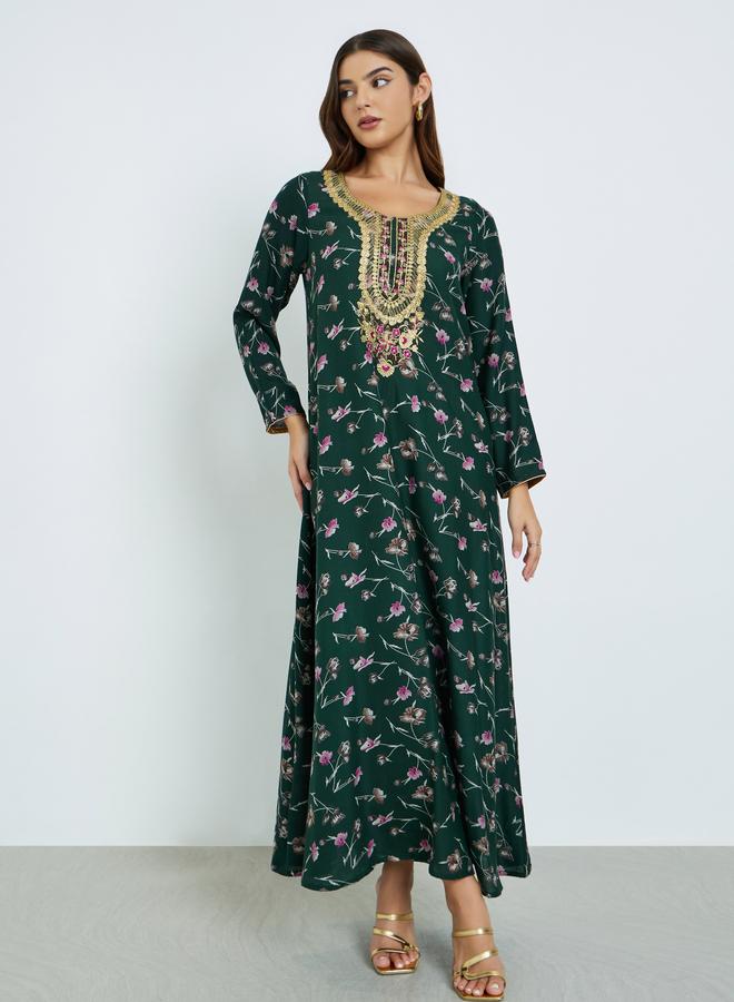 Maxim Creation Floral Print Jalabiya with Multicolor Threadwork - Image 2