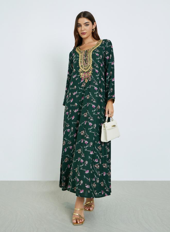 Maxim Creation Floral Print Jalabiya with Multicolor Threadwork - Image 1