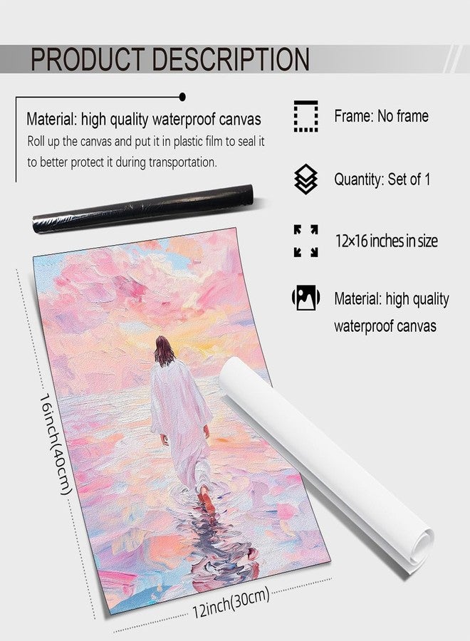 NLIEOPDA Jesus Walking On Water Pink Wall Art Religious Christian Oil Painting Canvas Poster Modern Aesthetic Artwork Decor for Bedroom Prayer Room Church 12X16 inch Unframed - Image 2