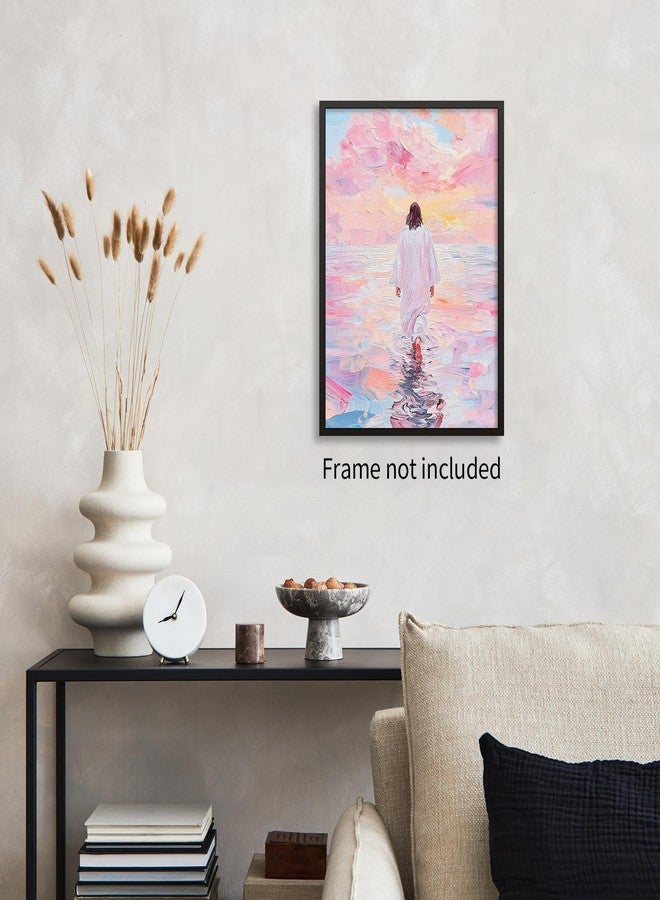 NLIEOPDA Jesus Walking On Water Pink Wall Art Religious Christian Oil Painting Canvas Poster Modern Aesthetic Artwork Decor for Bedroom Prayer Room Church 12X16 inch Unframed - Image 3