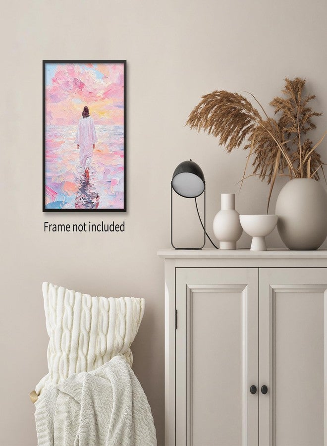 NLIEOPDA Jesus Walking On Water Pink Wall Art Religious Christian Oil Painting Canvas Poster Modern Aesthetic Artwork Decor for Bedroom Prayer Room Church 12X16 inch Unframed - Image 5