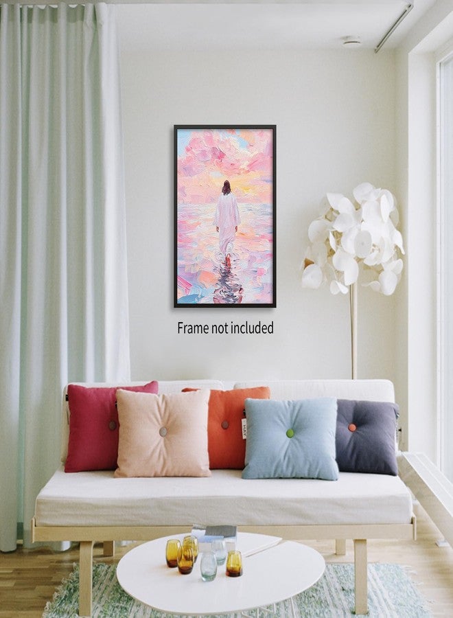 NLIEOPDA Jesus Walking On Water Pink Wall Art Religious Christian Oil Painting Canvas Poster Modern Aesthetic Artwork Decor for Bedroom Prayer Room Church 12X16 inch Unframed - Image 4