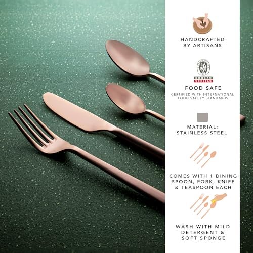 Ellementry Enigma Rose Gold Cutlery Set of 4, Premium Stainless Steel Fork and Knife Dining Set, Gold-Plated Spoon, Dishwasher Safe, Luxury Flatware for Home and Kitchen - Image 2