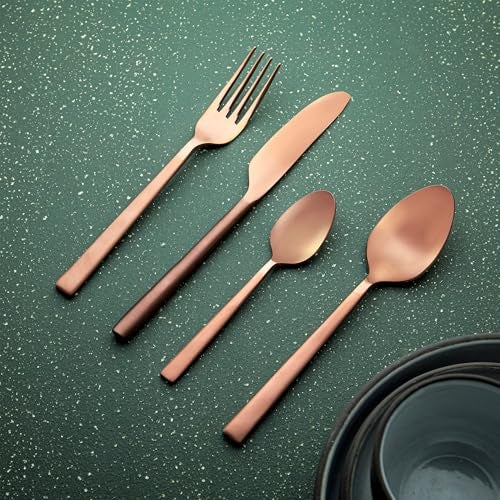 Ellementry Enigma Rose Gold Cutlery Set of 4, Premium Stainless Steel Fork and Knife Dining Set, Gold-Plated Spoon, Dishwasher Safe, Luxury Flatware for Home and Kitchen - Image 1