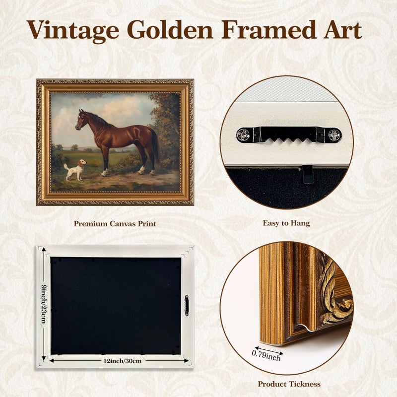 ASTRDECOR Gold Framed Retro Wall Art for Home Decor, Classic Horse & Dog Canvas Artwork, Vintage Western Canvas Prints, Rustic Farmhouse Wall Decor for Bathroom, Living Room, 9x12Inch - Image 2