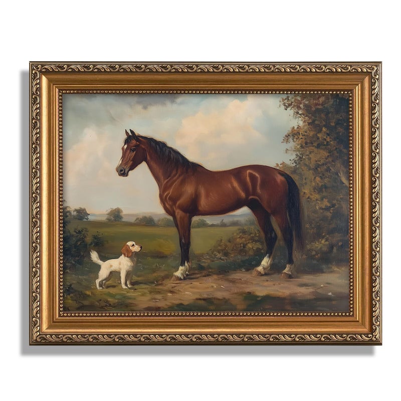 ASTRDECOR Gold Framed Retro Wall Art for Home Decor, Classic Horse & Dog Canvas Artwork, Vintage Western Canvas Prints, Rustic Farmhouse Wall Decor for Bathroom, Living Room, 9x12Inch - Image 1