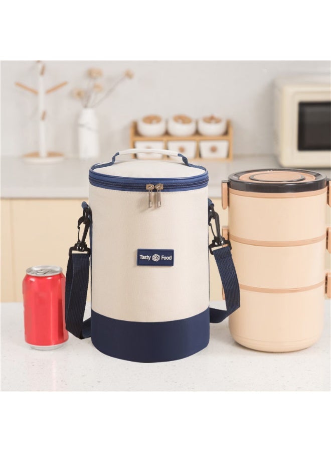 Insulated Thermal Cylinder Lunch Bag & Food Cooler - Portable Round Bento Storage Pouch with Shoulder Strap for Work, School, Picnic & Travel (Beige & Blue) - Image 5