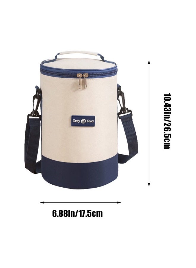 Insulated Thermal Cylinder Lunch Bag & Food Cooler - Portable Round Bento Storage Pouch with Shoulder Strap for Work, School, Picnic & Travel (Beige & Blue) - Image 2