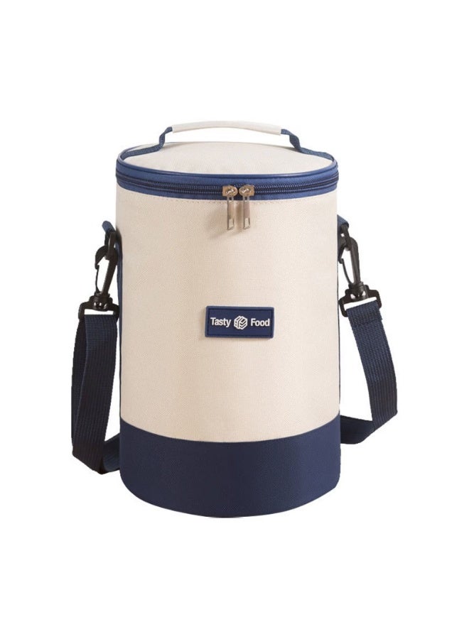 Insulated Thermal Cylinder Lunch Bag & Food Cooler - Portable Round Bento Storage Pouch with Shoulder Strap for Work, School, Picnic & Travel (Beige & Blue) - Image 1