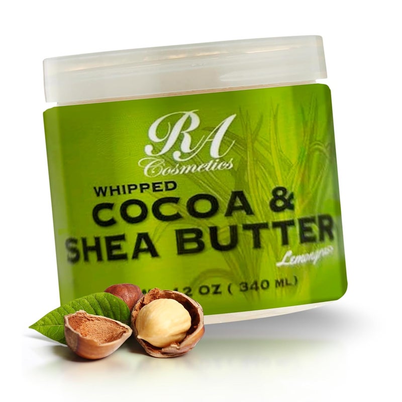زبدة الكاكاو والشيا المخفوقة من RA COSMETICS، الليمون العشبي - 12 أونصة | مرطب للبشرة 100% نقي وطبيعي مع زيت جوز الهند | زبدة الجسم الغنية بالفيتامينات لبشرة ناعمة ومرنة ومتألقة وشعر صحي