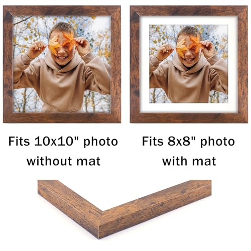 NDUFOA 10x10 Picture Frame, Display Photos 8x8 with Mat or 10x10 without Mat, Poster Frame for Wall and Tabletop, Brown - Image 2