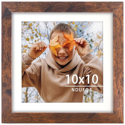 NDUFOA 10x10 Picture Frame, Display Photos 8x8 with Mat or 10x10 without Mat, Poster Frame for Wall and Tabletop, Brown - Image 1
