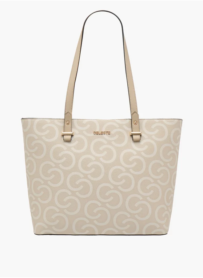 سيليست Monogram Print Tote Bag with Double Handles and Zip Closure