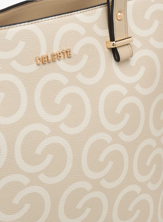 Celeste Women's Monogram Print Tote Bag with Double Handles and Zip Closure