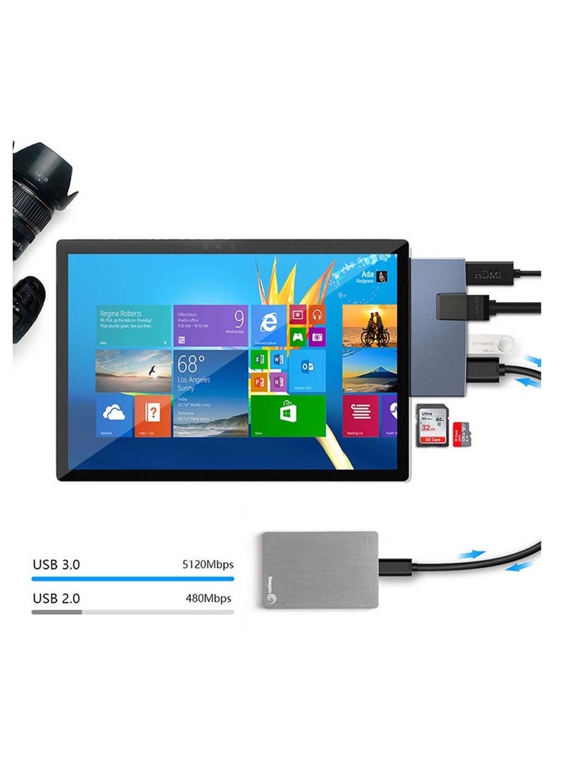 Generic - Surface Hub/Dock 6 in 1 USB3.0 Adapter, with Ethernet Port, 4K HDMI, 3 USB3.0 Ports (5Gps), SD, TF/Micro SD Memory Card Card Reader, for Surface Pro 6/Pro 5/Pro 4 Hub(Space Gray) - Image 1