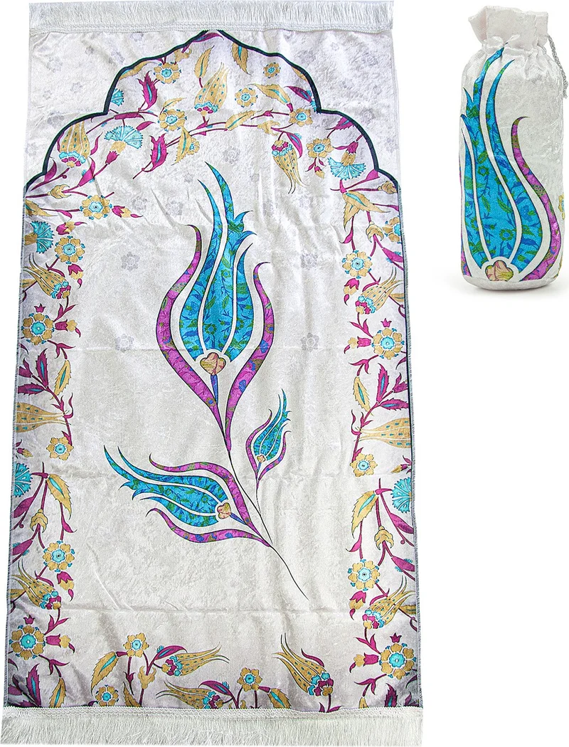 ايهفان اونلاين Marbled Tulip Patterned Prayer Rug with Silk Textured Carrying Bag - Blue