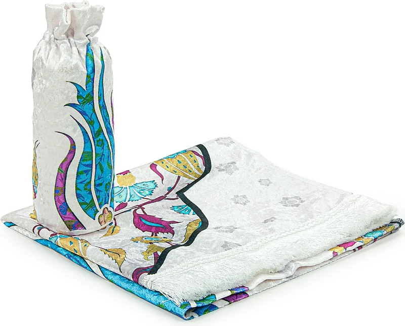 ايهفان اونلاين Marbled Tulip Patterned Prayer Rug with Silk Textured Carrying Bag - Blue