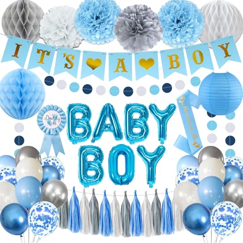 Bolake Blue Baby Shower Decorations for Boy Set with Its a Boy Banner Baby Boy Letter Foil Balloons Mom to Be Sash Dad to Be Pin Paper Pom Poms for Gender Reveal Decorations - Image 1