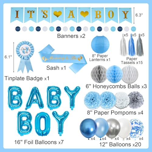 Bolake Blue Baby Shower Decorations for Boy Set with Its a Boy Banner Baby Boy Letter Foil Balloons Mom to Be Sash Dad to Be Pin Paper Pom Poms for Gender Reveal Decorations - Image 5