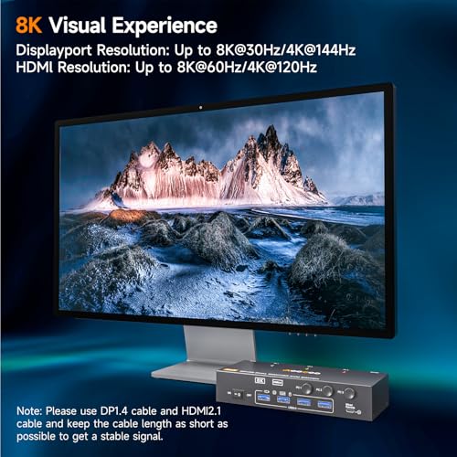 AOOCOO KVM Switch 2 Monitors 3 Computers 8K@60Hz/4K144Hz,DP+HDMI USB3.0 Dual Monitors KVM Switches with 4 USB 3.0 Port,Wired Remote,USB3.0 Cables Included(8K 3 PC 2 Monitor KVM) - Image 5