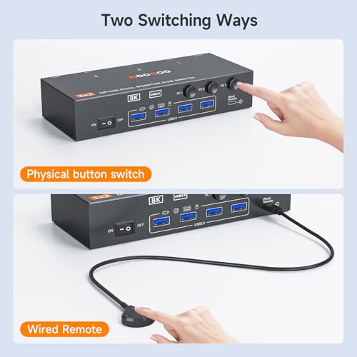 AOOCOO KVM Switch 2 Monitors 3 Computers 8K@60Hz/4K144Hz,DP+HDMI USB3.0 Dual Monitors KVM Switches with 4 USB 3.0 Port,Wired Remote,USB3.0 Cables Included(8K 3 PC 2 Monitor KVM) - Image 4