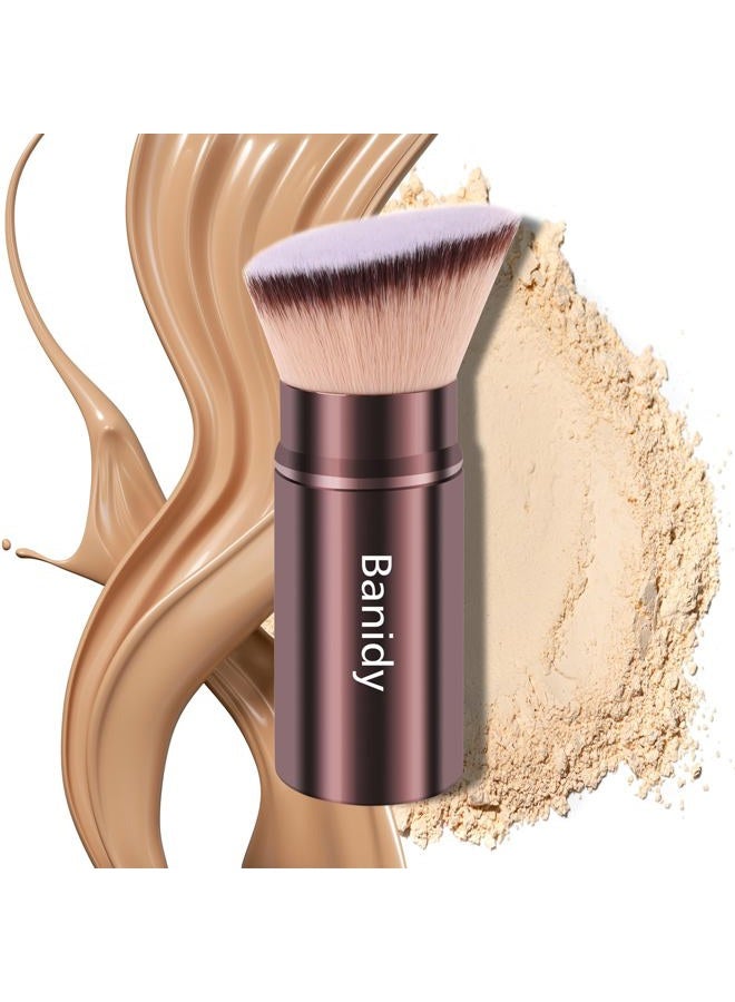 Banidy Makeup Brush Kabuki Face Brushes Retractable Travel Blush Kabuki Brush Portable Flawless for Foundation, Powder Blush, Bronzer, Buffing, Liquid, Cream, Cruelty Free with Cover(Brown) - Image 1