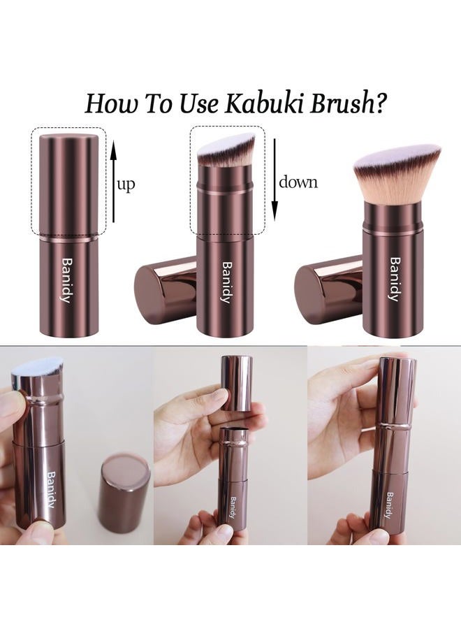 Banidy Makeup Brush Kabuki Face Brushes Retractable Travel Blush Kabuki Brush Portable Flawless for Foundation, Powder Blush, Bronzer, Buffing, Liquid, Cream, Cruelty Free with Cover(Brown) - Image 5