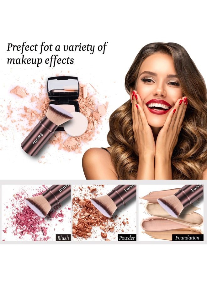 Banidy Makeup Brush Kabuki Face Brushes Retractable Travel Blush Kabuki Brush Portable Flawless for Foundation, Powder Blush, Bronzer, Buffing, Liquid, Cream, Cruelty Free with Cover(Brown) - Image 3