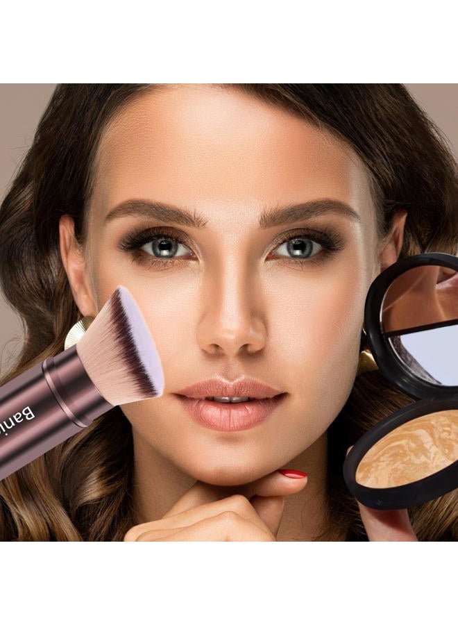Banidy Makeup Brush Kabuki Face Brushes Retractable Travel Blush Kabuki Brush Portable Flawless for Foundation, Powder Blush, Bronzer, Buffing, Liquid, Cream, Cruelty Free with Cover(Brown) - Image 2