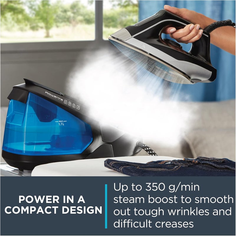 Rowenta Compact Stainless Steel Soleplate Professional Steam Station for Clothes 57 Ounce Removable Tank Lightweight Compact 1500 Watts Iron Fabric Steamer Garment Steamer Black and Blue VR8324 - Image 3