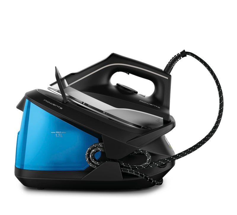 Rowenta Compact Stainless Steel Soleplate Professional Steam Station for Clothes 57 Ounce Removable Tank Lightweight Compact 1500 Watts Iron Fabric Steamer Garment Steamer Black and Blue VR8324 - Image 1