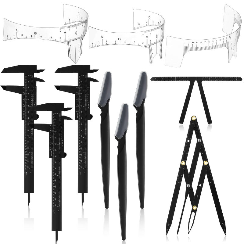 Konohan 11 Pcs Eyebrow Mapping Kit Eyebrow Shaping Tools Eye Brow Measuring Ruler Double Scale Vernier Caliper 3 Point Positioning Ruler Golden Ratio Caliper Brow Trimming KnivesBlack