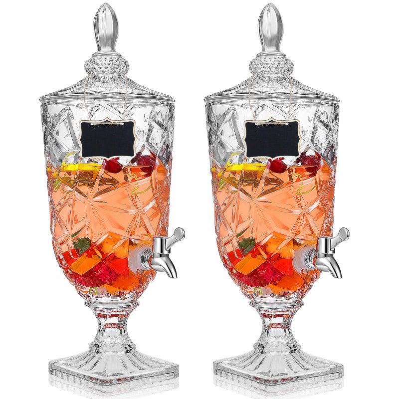 Zhehao 2 Pcs Drink Dispensers for Parties 13 Gallon Glass Beverage Dispenser Clear Vintage Crystal Iced Beverage Dispenser with Spigot and 2 Wooden Chalkboard Wide Mouth Beverage Server for Bar Home