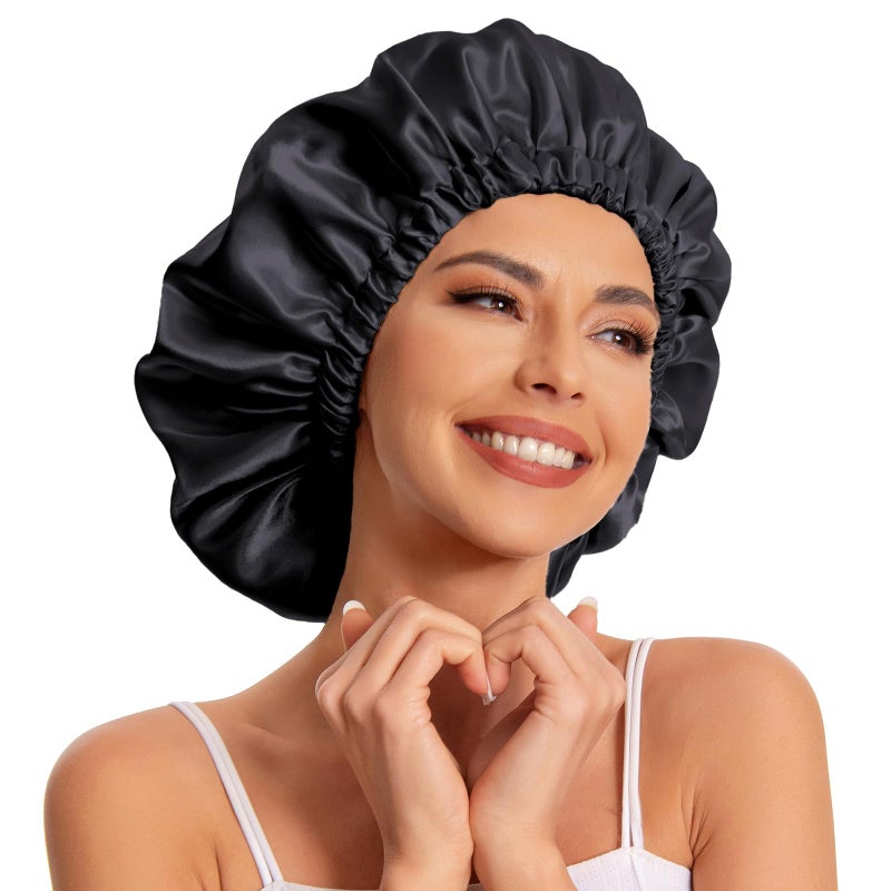 Edoneery Satin Bonnet Silk Bonnet Hair Bonnet for Sleeping-Slouchy Beanie Hat Satin Sleep Cap for Women's Natural & Curly Hair(Black&Pink) - Image 4