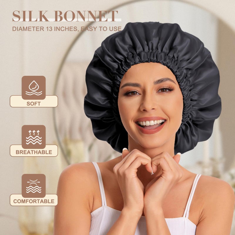 Edoneery Satin Bonnet Silk Bonnet Hair Bonnet for Sleeping-Slouchy Beanie Hat Satin Sleep Cap for Women's Natural & Curly Hair(Black&Pink) - Image 2