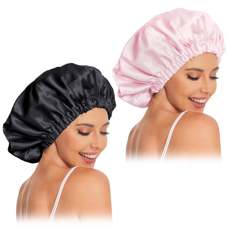 Edoneery Satin Bonnet Silk Bonnet Hair Bonnet for Sleeping-Slouchy Beanie Hat Satin Sleep Cap for Women's Natural & Curly Hair(Black&Pink) - Image 1