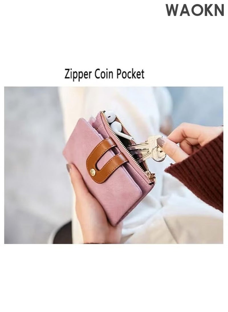 WAOKN Women's Small Bifold Leather Wallet - RFID Blocking Slim Wallet with Zipper Coin Pocket & ID Window - Genuine Leather Credit Card Holder for Cash - Compact Minimalist Front Pocket Wallet (Pink) - Image 3