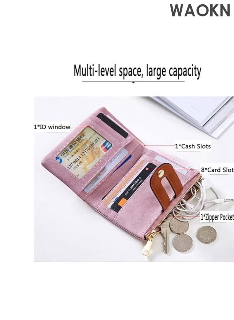 WAOKN Women's Small Bifold Leather Wallet - RFID Blocking Slim Wallet with Zipper Coin Pocket & ID Window - Genuine Leather Credit Card Holder for Cash - Compact Minimalist Front Pocket Wallet (Pink) - Image 4