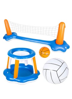 4 Pieces Inflatable Volleyball Net & Basketball Hoops Pool Float Set with Inflatable Volleyball and Basketball Summer Pool Toys for Adults Family Pool Game