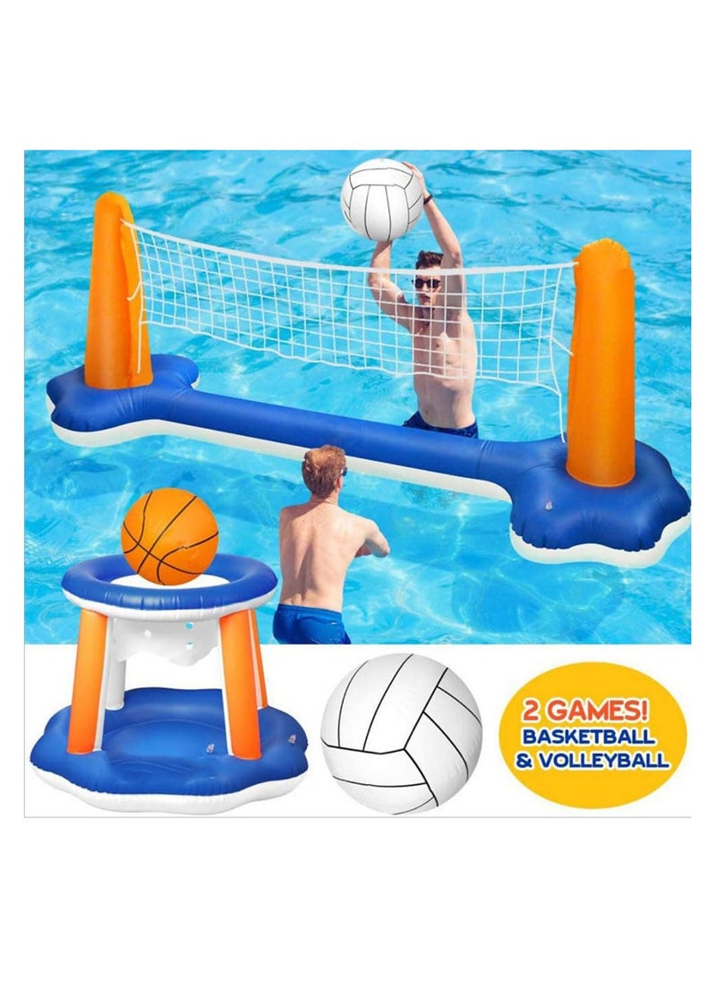 Cool Baby - 4 Pieces Inflatable Volleyball Net & Basketball Hoops Pool Float Set with Inflatable Volleyball and Basketball Summer Pool Toys for Adults Family Pool Game - Image 1