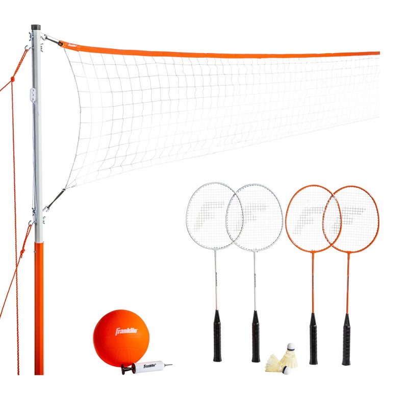 Franklin Sports Volleyball Badminton Combo Set Portable Backyard Net Set Ball Rackets Birdie Included Starter