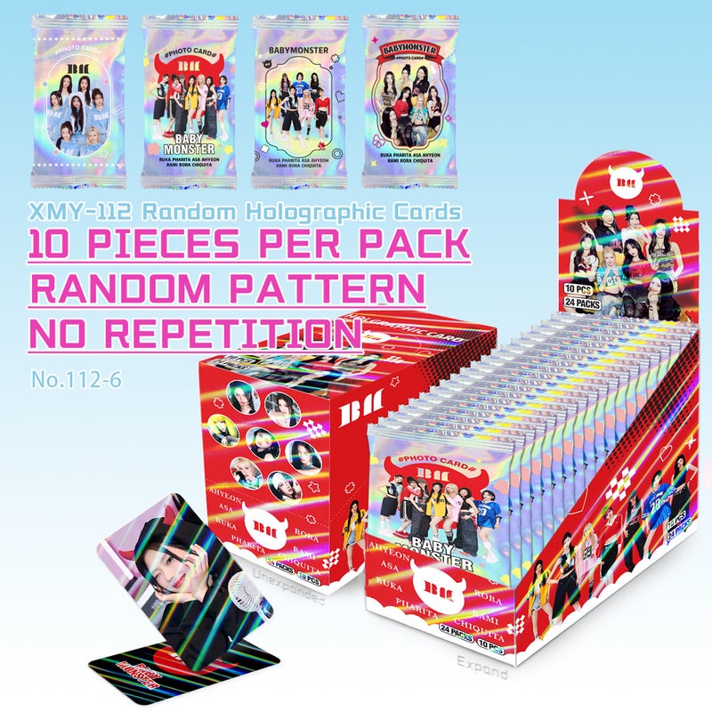Babymonster Random Holographic Photocards Set – 240 Double-Sided Cards Total (10 Cards/Pack, 24 Packs/Box) – Collectible Laser Trading Cards with Holographic Effect  for Fans & Collectors