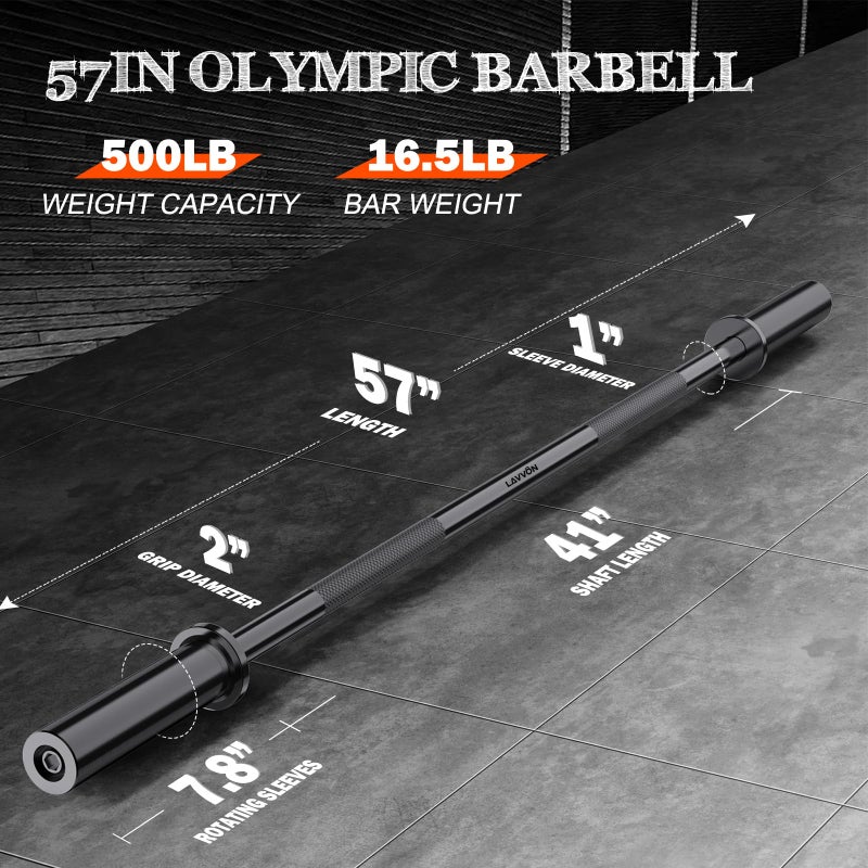 LAVVON 57" Olympic Barbell Bar, 2" Standard Straight Barbell Bars for Weight Lifting Bar for Bench Press/Squats/Hip Thrusts/Lunges/Biceps- Home Gym Weight Bar- 2 Spring Collars(500lb Weight Capacity) - Image 3