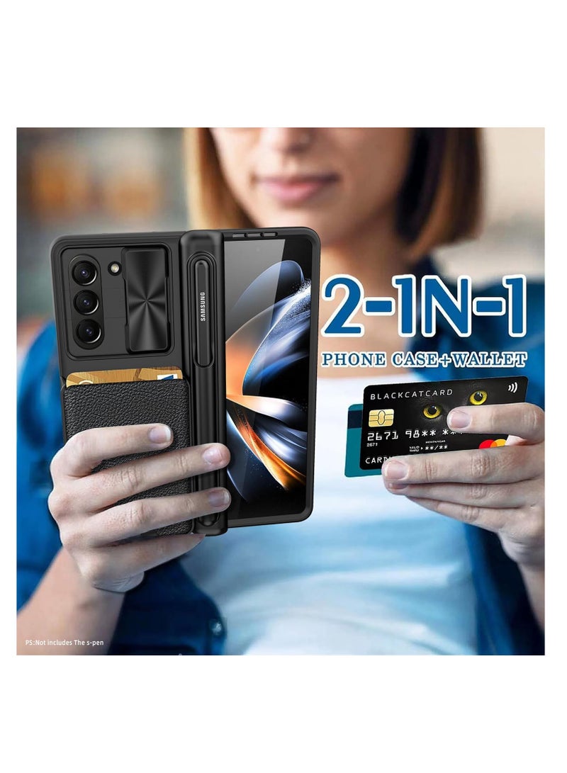 Aookay Compatible with Z Fold 6 Case with Pen Holder and Screen Protector, Wallet Case with Removable Card Slot, Sliding Camera Cover and Hinge Protective Phone Case [Pen Not Included] (Black)  - Image 2