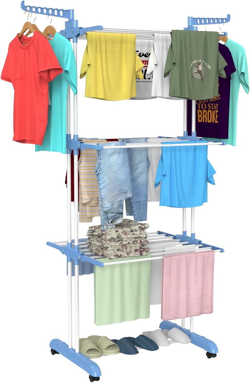 Innotic Airer Clothes Drying Rack 4 Tier Collapsible Rolling Stainless Laundry Dryer Hanger with Casters for Indoor, Baby Blue - Image 1