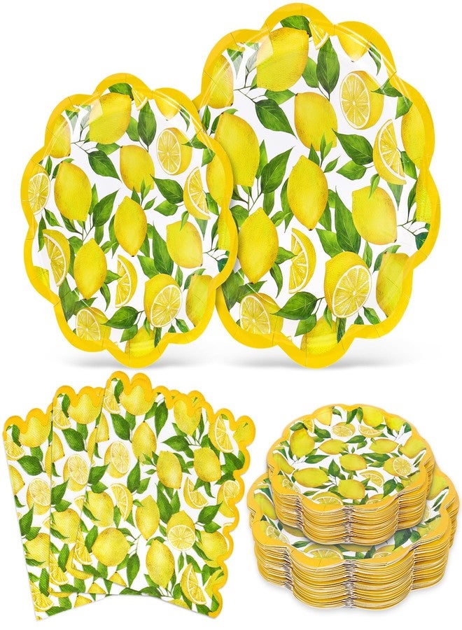 Whaline 72Pcs Lemon Tableware Set Watercolor Lemon Fruit Party Decor Supplies Summer Scalloped Yellow Paper Disposable Plates and Napkins for 24 Guests Party Supplies Table Decor - Image 1