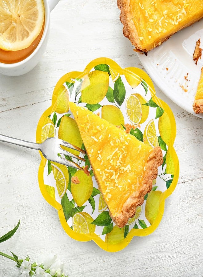 Whaline 72Pcs Lemon Tableware Set Watercolor Lemon Fruit Party Decor Supplies Summer Scalloped Yellow Paper Disposable Plates and Napkins for 24 Guests Party Supplies Table Decor - Image 4