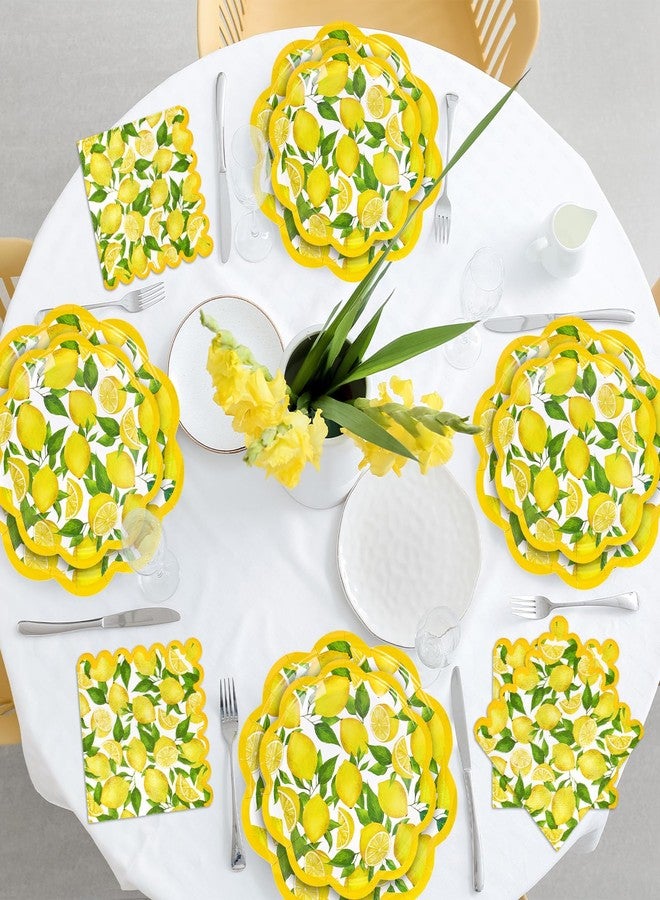 Whaline 72Pcs Lemon Tableware Set Watercolor Lemon Fruit Party Decor Supplies Summer Scalloped Yellow Paper Disposable Plates and Napkins for 24 Guests Party Supplies Table Decor - Image 5